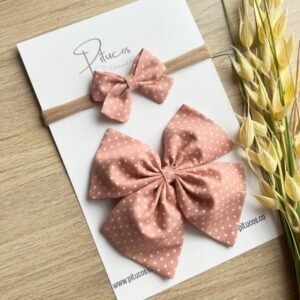 Kit Mamá e Hija Palo de Rosa con puntos blancos. (Balaca+ Pinza)